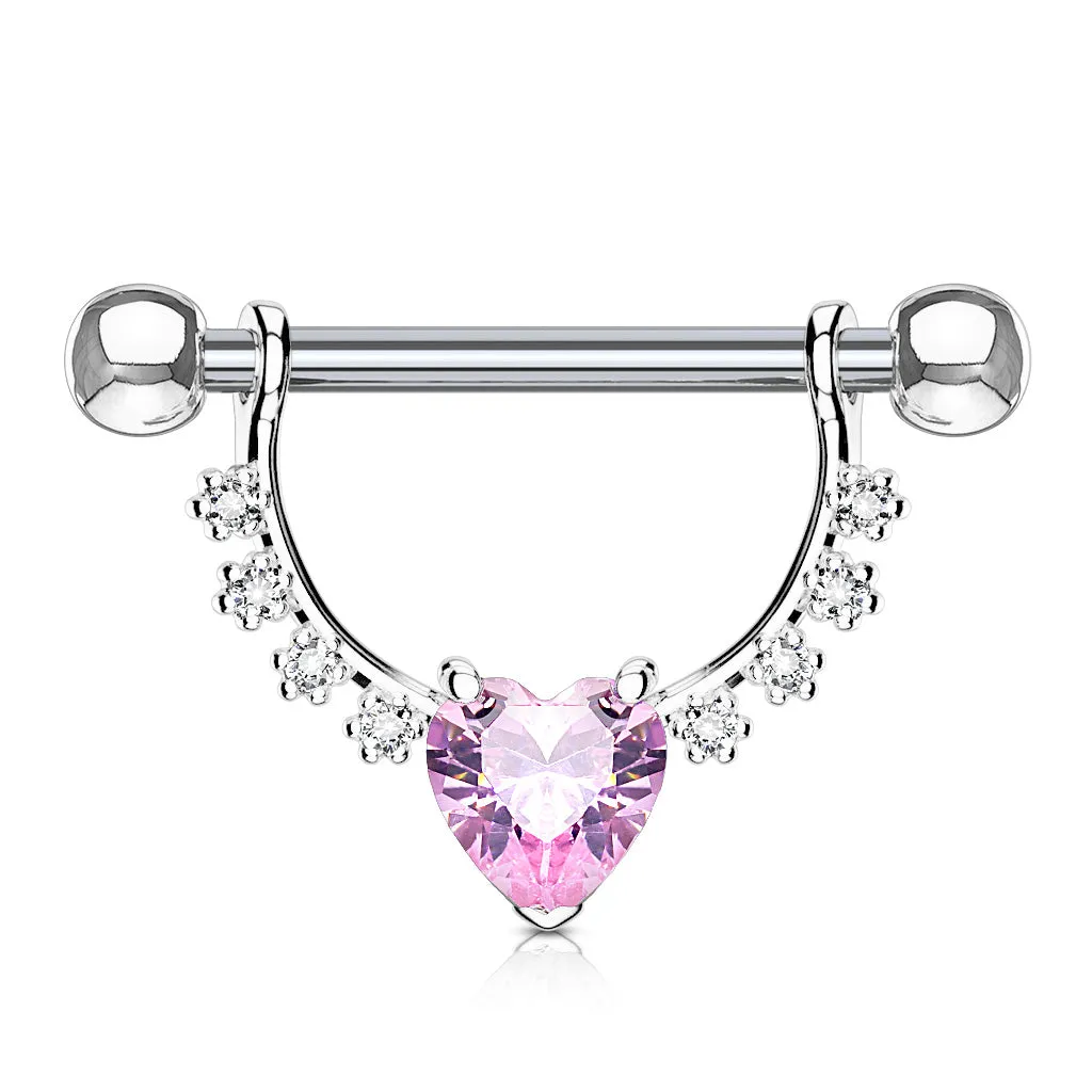 Heart CZ Center with Lined Prong Set CZs Dangle 316L Surgical Steel Nipple Ring