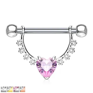 Heart CZ Center with Lined Prong Set CZs Dangle 316L Surgical Steel Nipple Ring