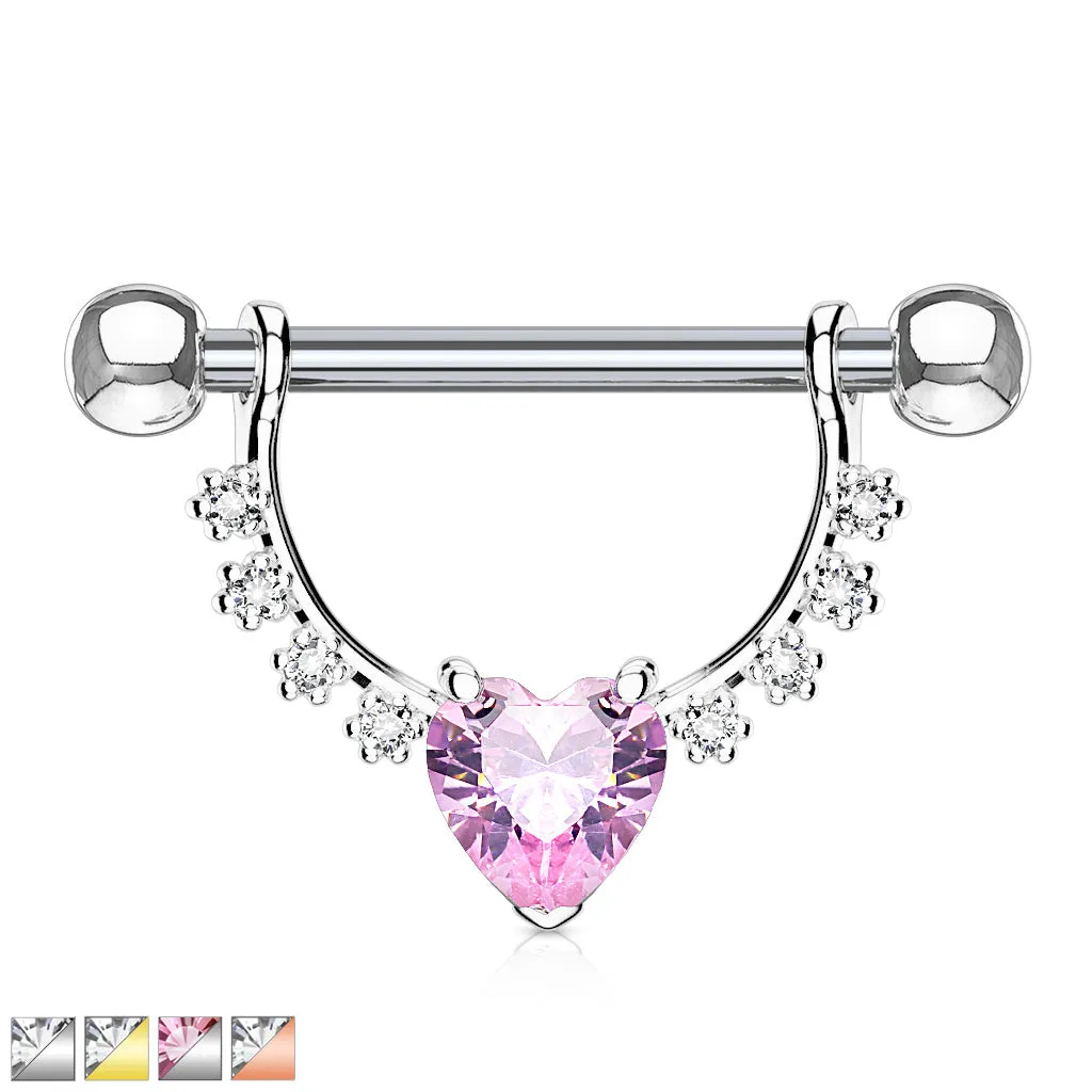 Heart CZ Center with Lined Prong Set CZs Dangle 316L Surgical Steel Nipple Ring