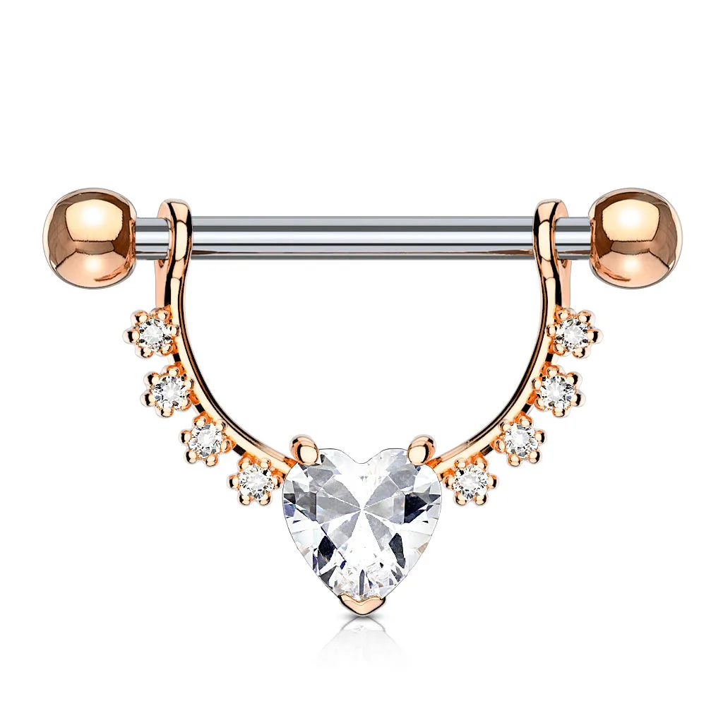 Heart CZ Center with Lined Prong Set CZs Dangle 316L Surgical Steel Nipple Ring