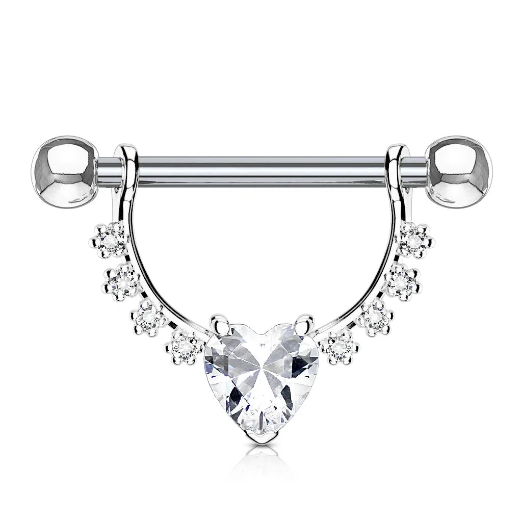 Heart CZ Center with Lined Prong Set CZs Dangle 316L Surgical Steel Nipple Ring