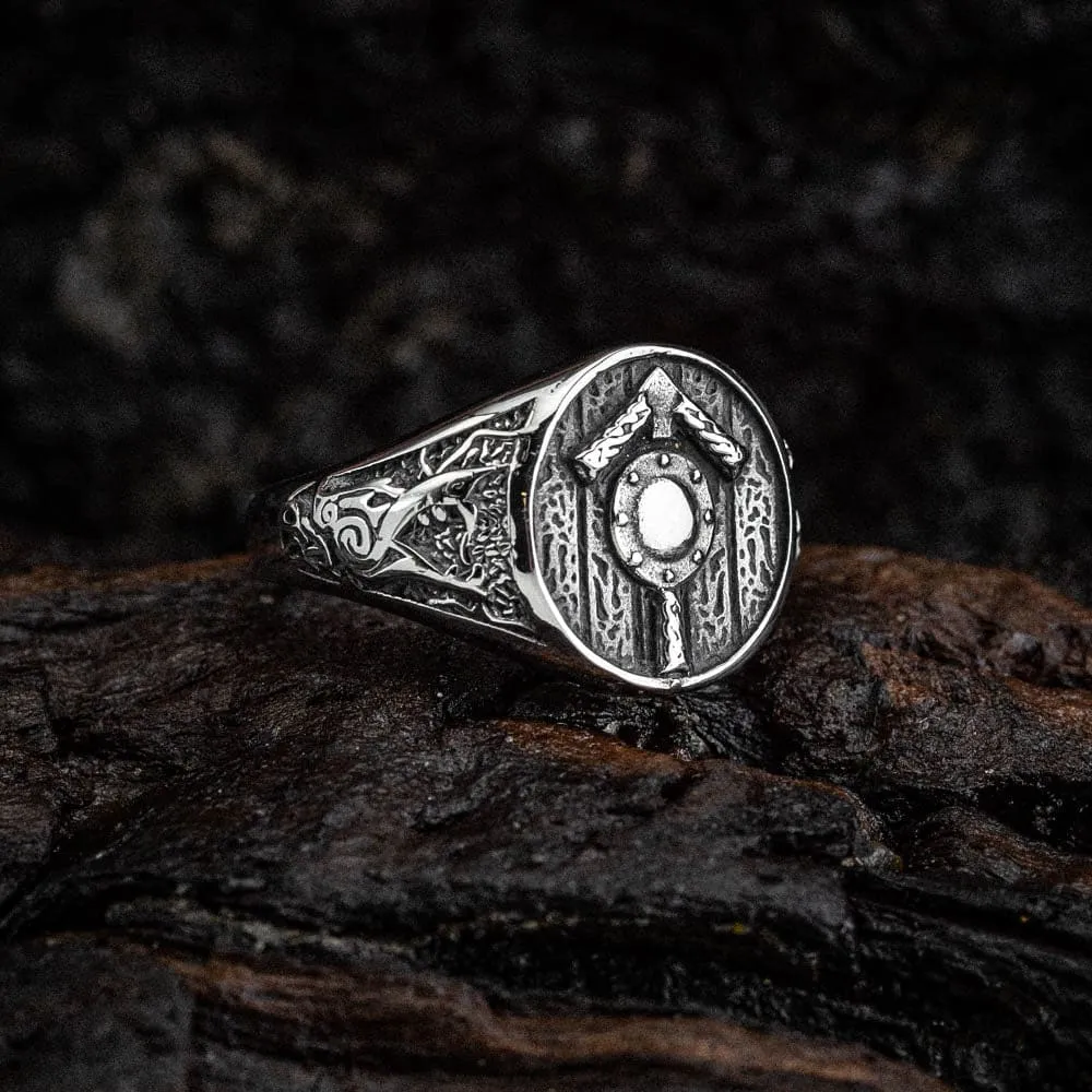 Stainless Steel Shield and Tiwaz Rune Ring