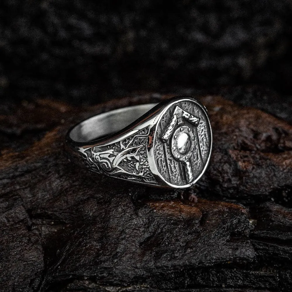 Stainless Steel Shield and Tiwaz Rune Ring
