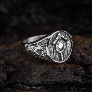 Stainless Steel Shield and Tiwaz Rune Ring